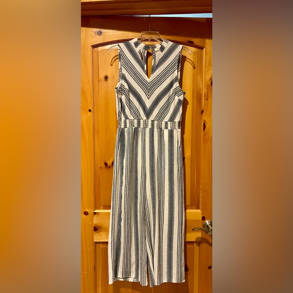 Monteau White and Navy Striped Jumpsuit